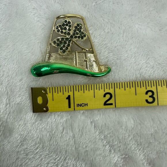 Leprechaun Hat Brooch Pin Green Gold Tone Rhinestone Shamrock St. Patrick's Day - Picture 5 of 6